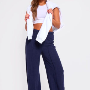 Navy Linen Look Pintuck Slouchy Trousers - Uk10 NOV1